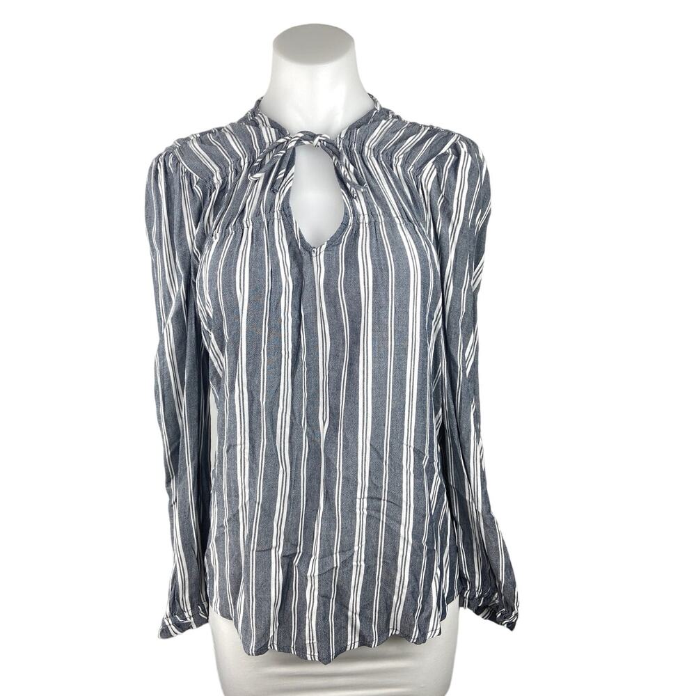 Old Navy Gray Striped Tie Front Keyhole Long Sleeve Lightweight Blouse Top Sz M